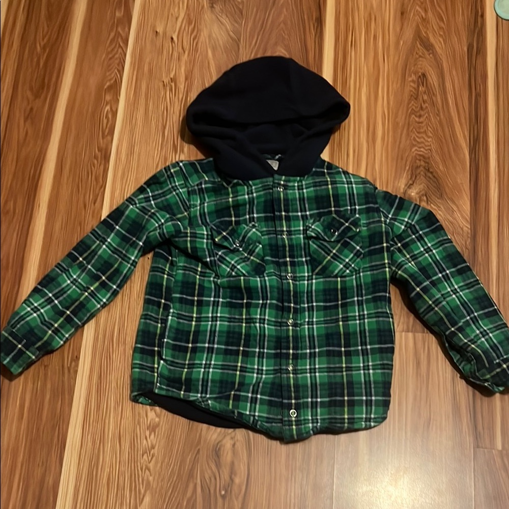 L.L. Bean Kids Green Plaid Button-Down Shirt with Hood